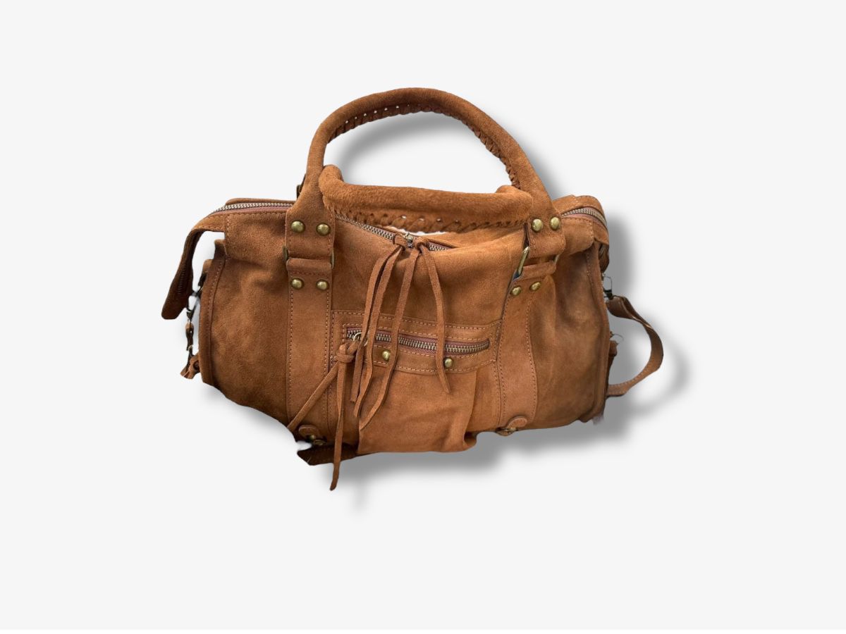 Grote suède leren laptoptas camel 42x32cm